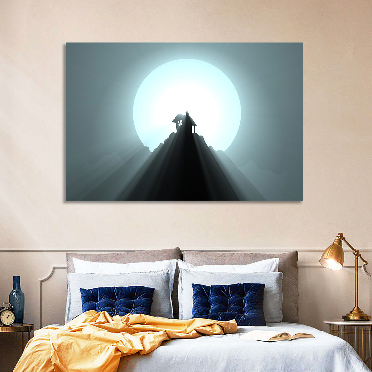 Moonlit Mountain Hut Wall Art in a room, landscape