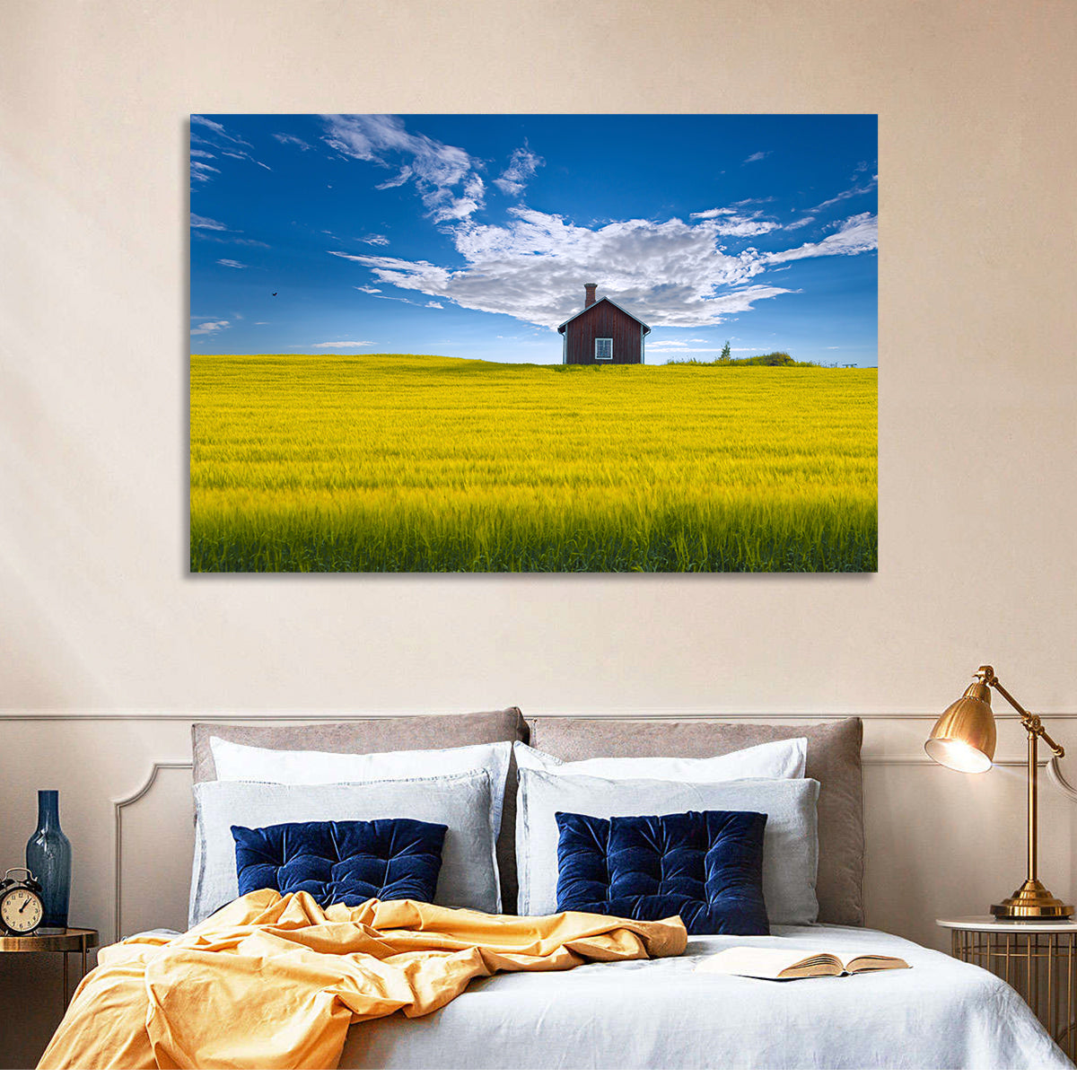 Red Barn in Golden Wheat Field Wall Art in a room, landscape
