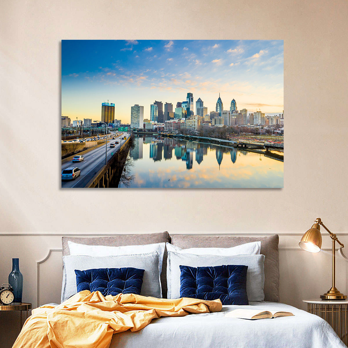 Philadelphia Skyline at Dusk Wall Art in a room, landscape