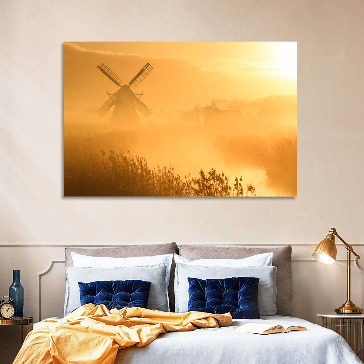 Golden Dutch Windmill Sunrise Wall Art in a room, landscape