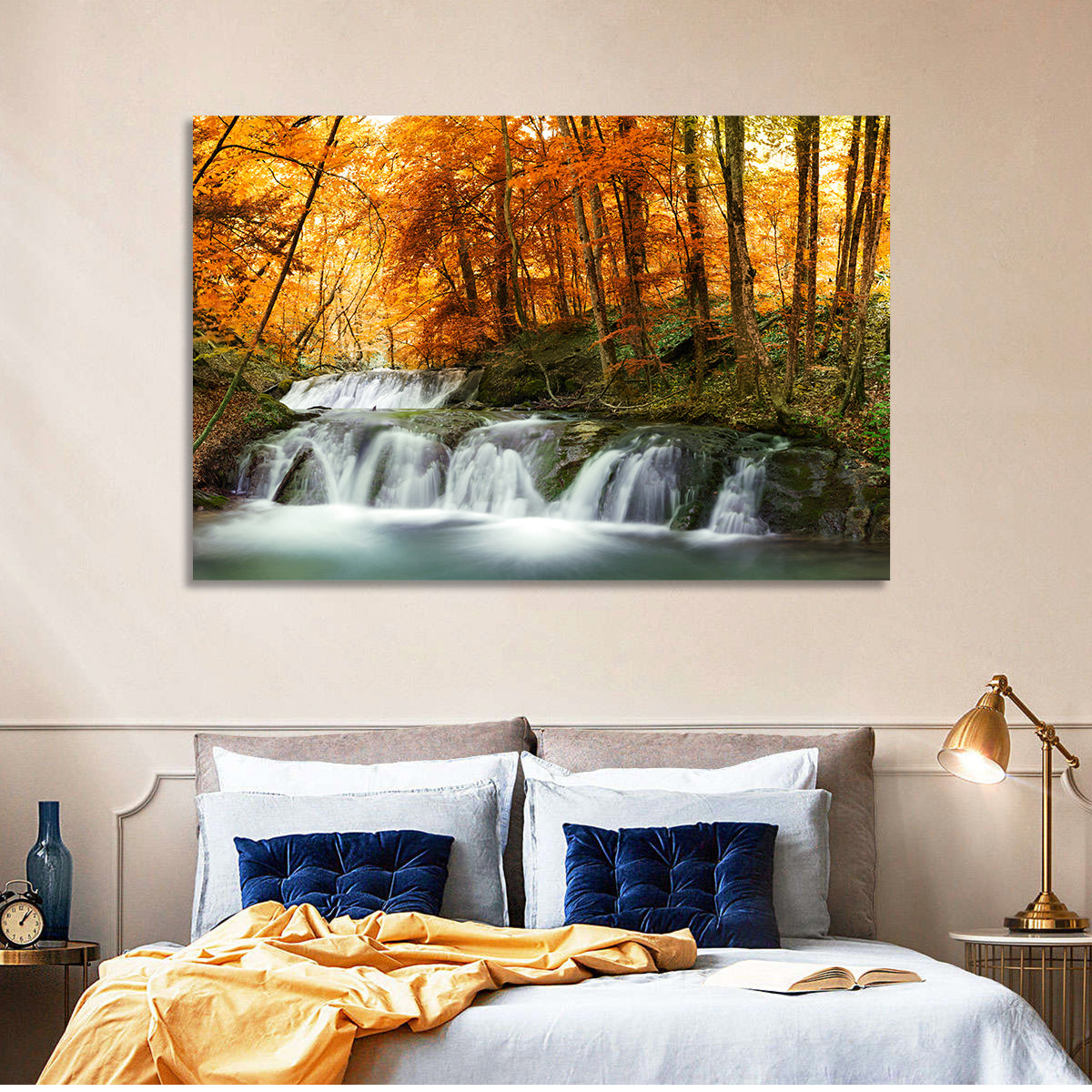 Autumn Forest Waterfall Wall Art in a room, landscape