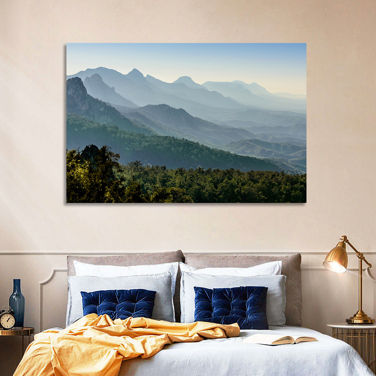Misty Mountain Ridges Wall Art in a room, landscape