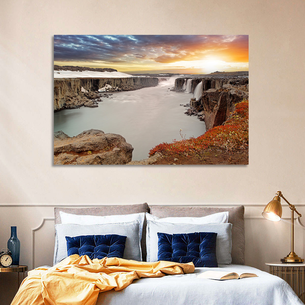 Selfoss Waterfall at Sunset Wall Art in a room, landscape