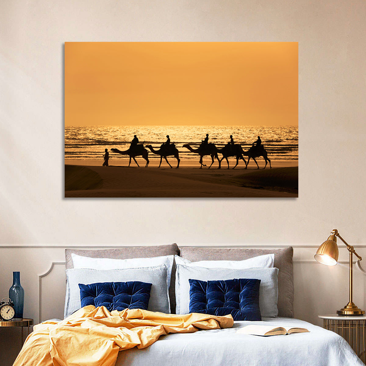 Camel Caravan Silhouette on Wet Sand Wall Art in a room, landscape