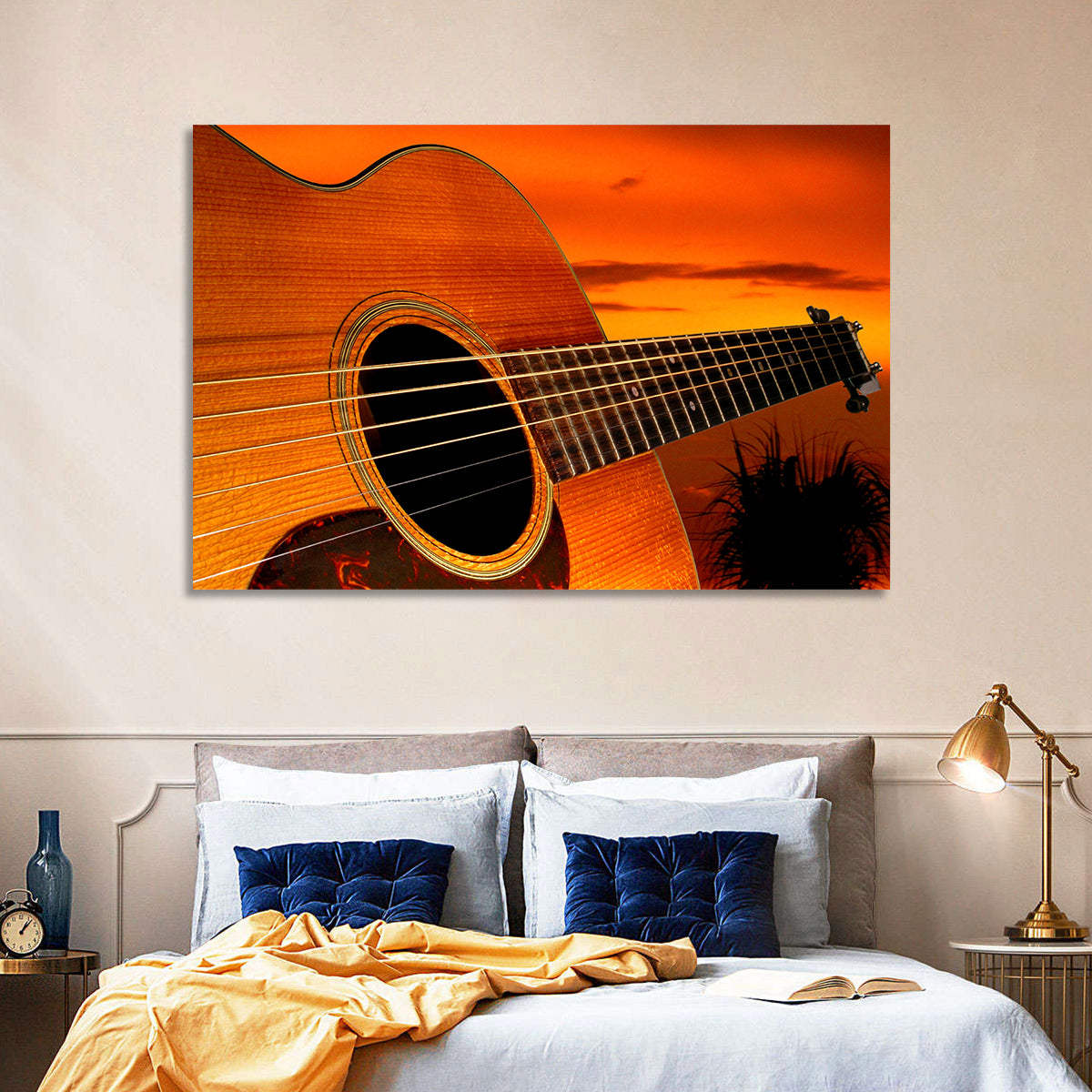 Sunset Acoustic Guitar Silhouette Wall Art in a room, landscape