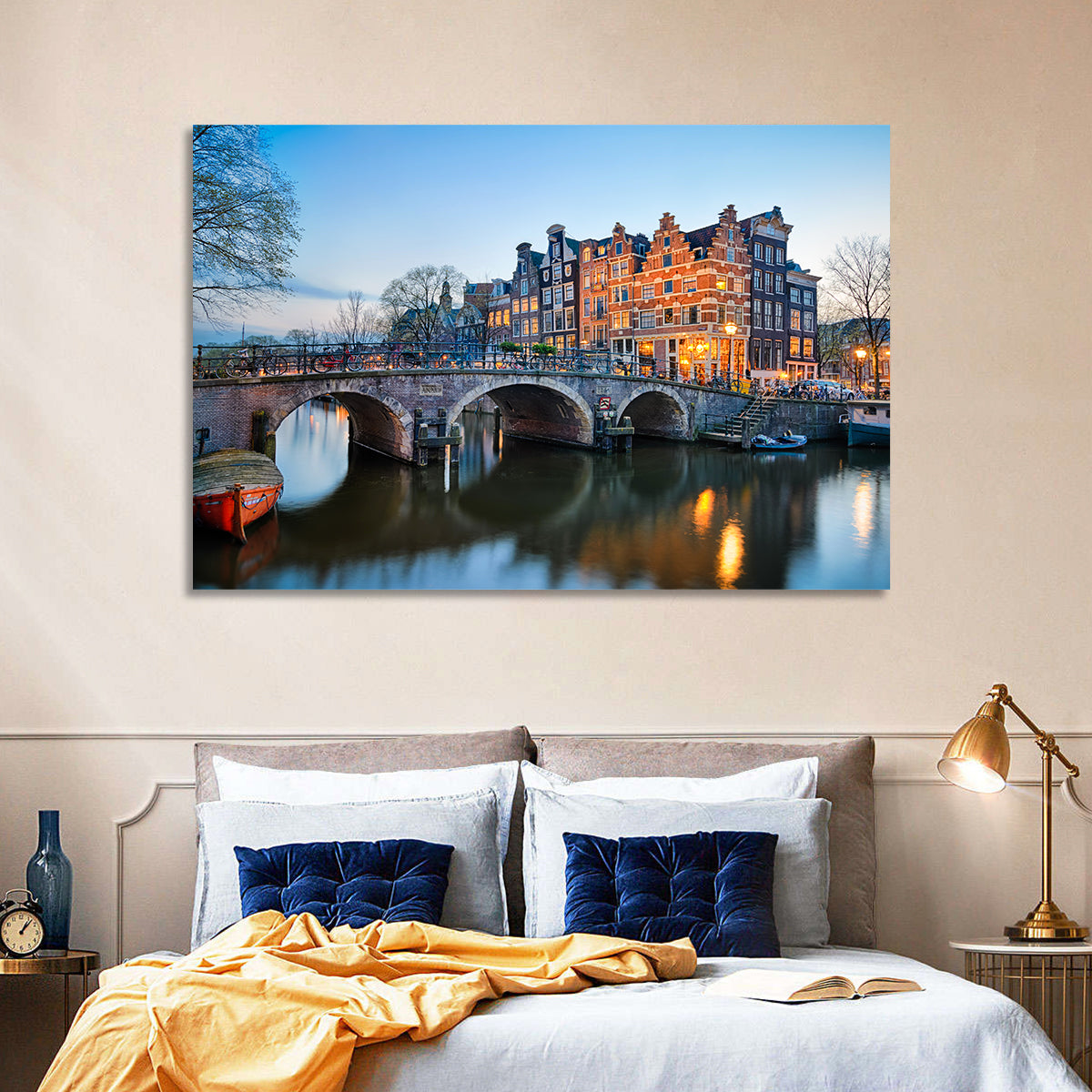 Brouwersgracht Canal Bridge at Dusk Wall Art in a room, landscape