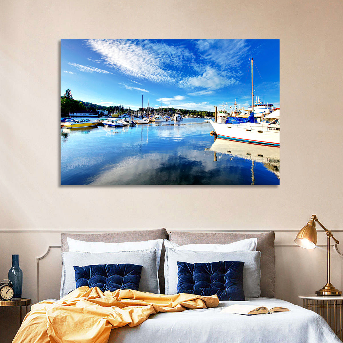 Tacoma Marina Reflections Wall Art in a room, landscape