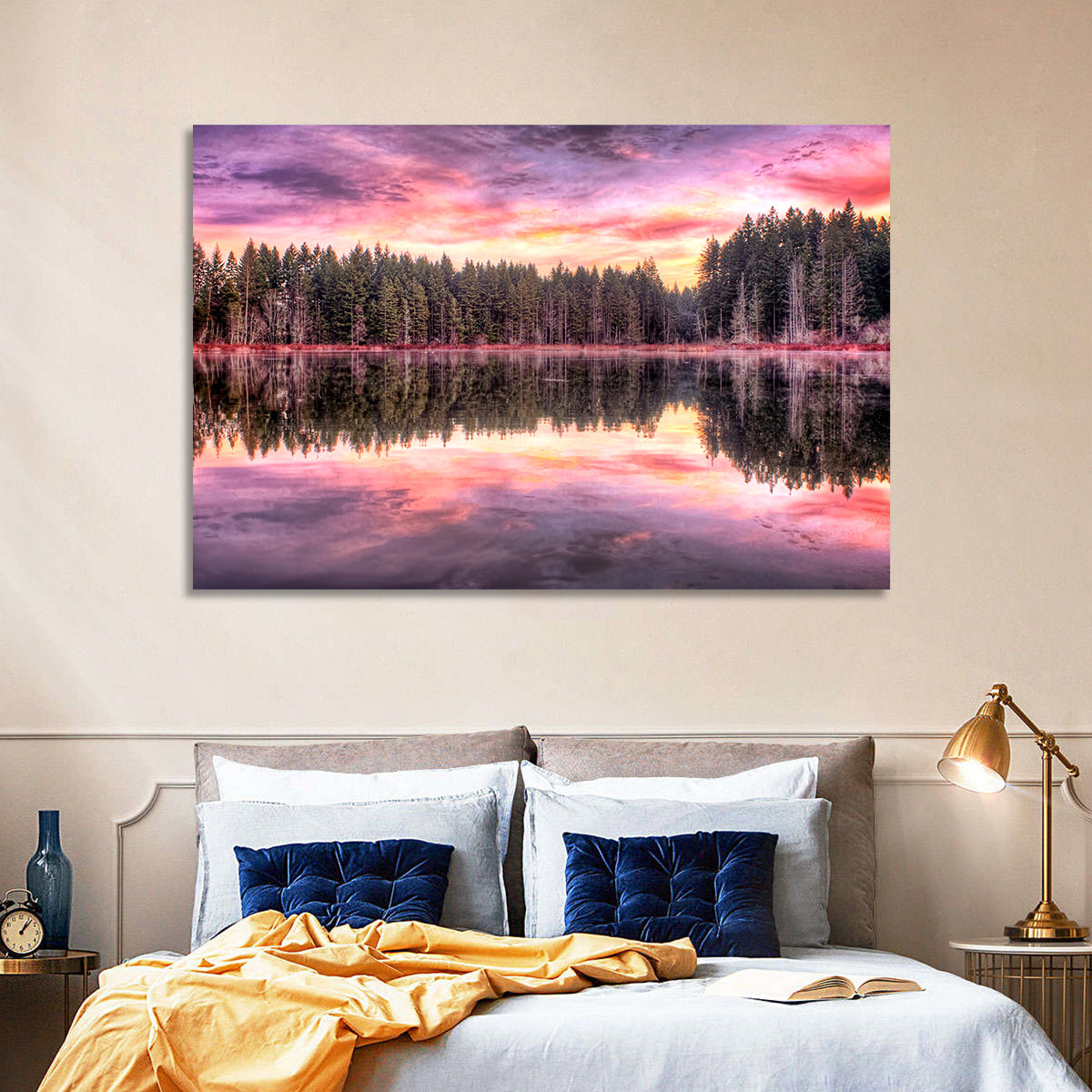 Sunrise Reflection at Forest Lake Wall Art in a room, landscape