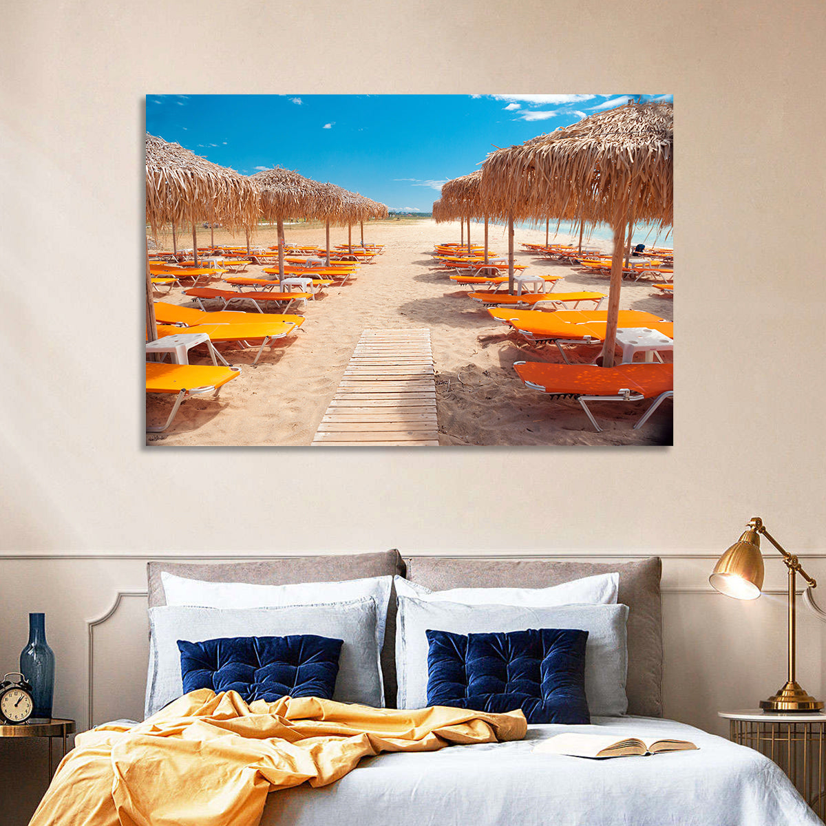 Beach Boardwalk with Orange Loungers Wall Art in a room, landscape
