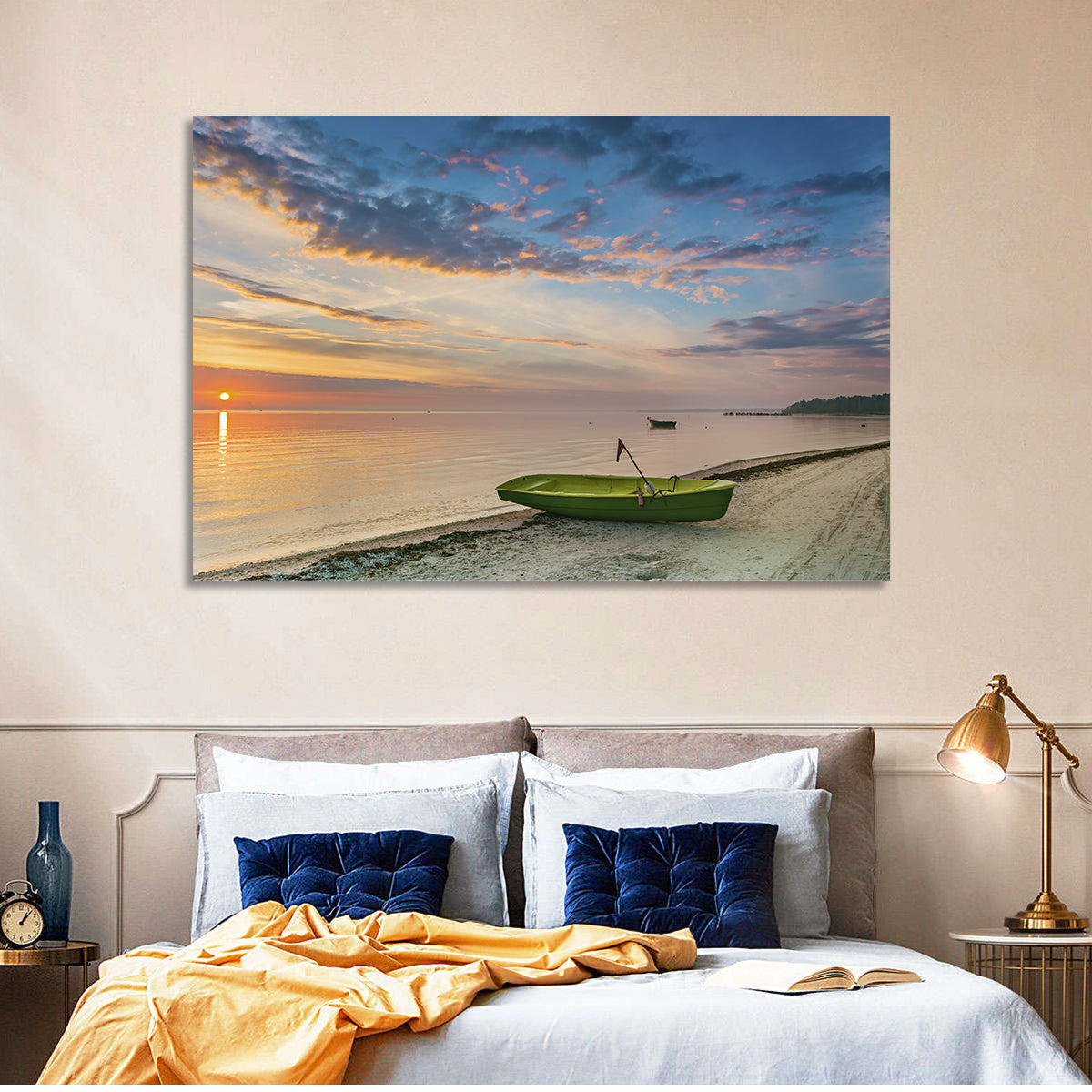 Green Rowboat at Sunrise Wall Art in a room, landscape