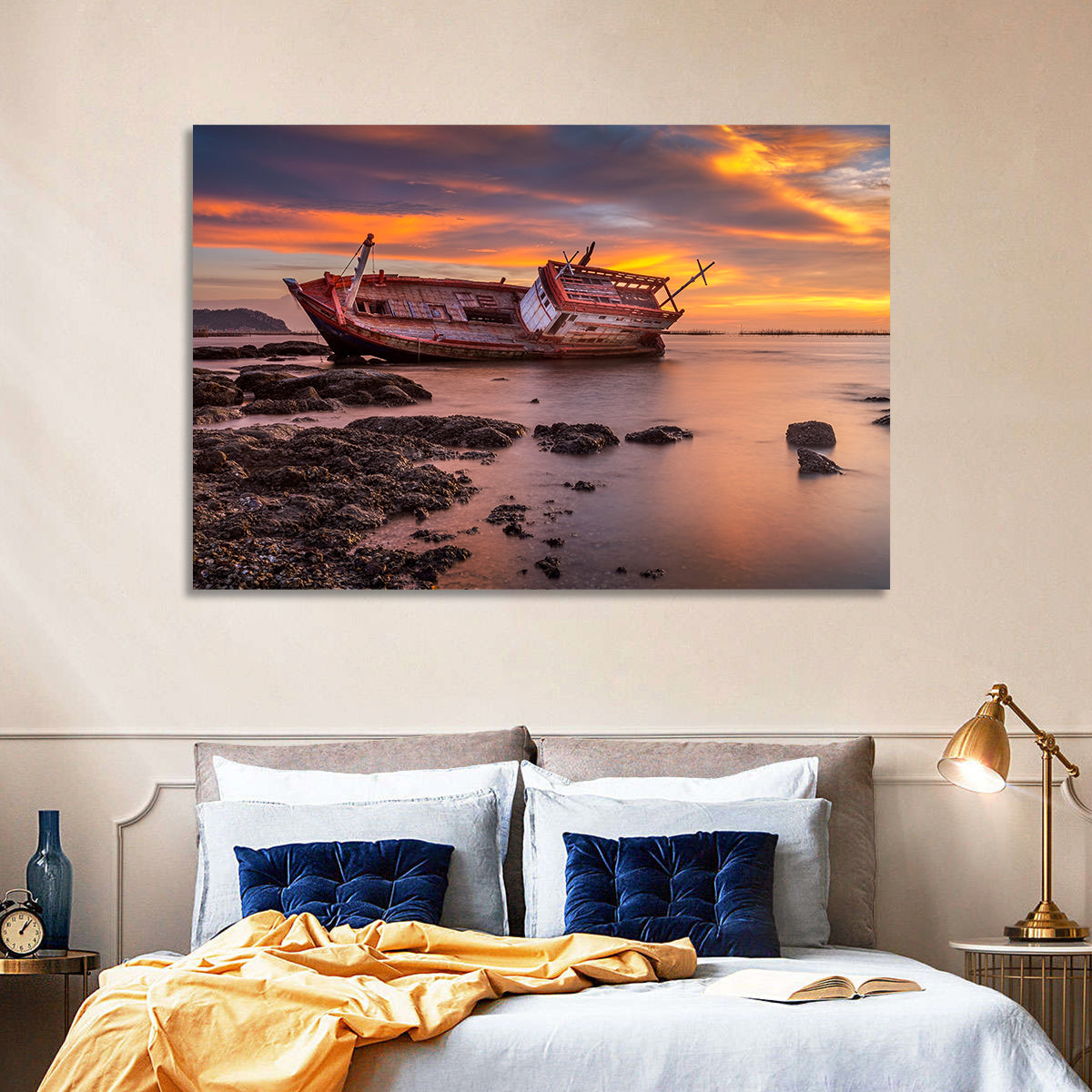Shipwreck at Sunset Wall Art in a room, landscape
