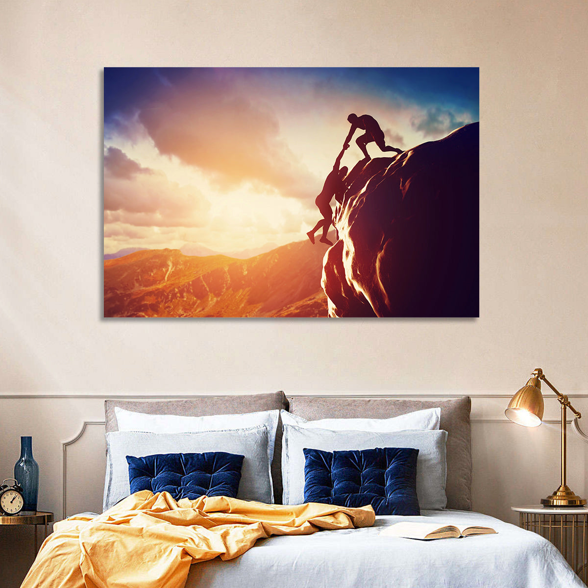 Two Hikers Summit Assist at Sunset Wall Art