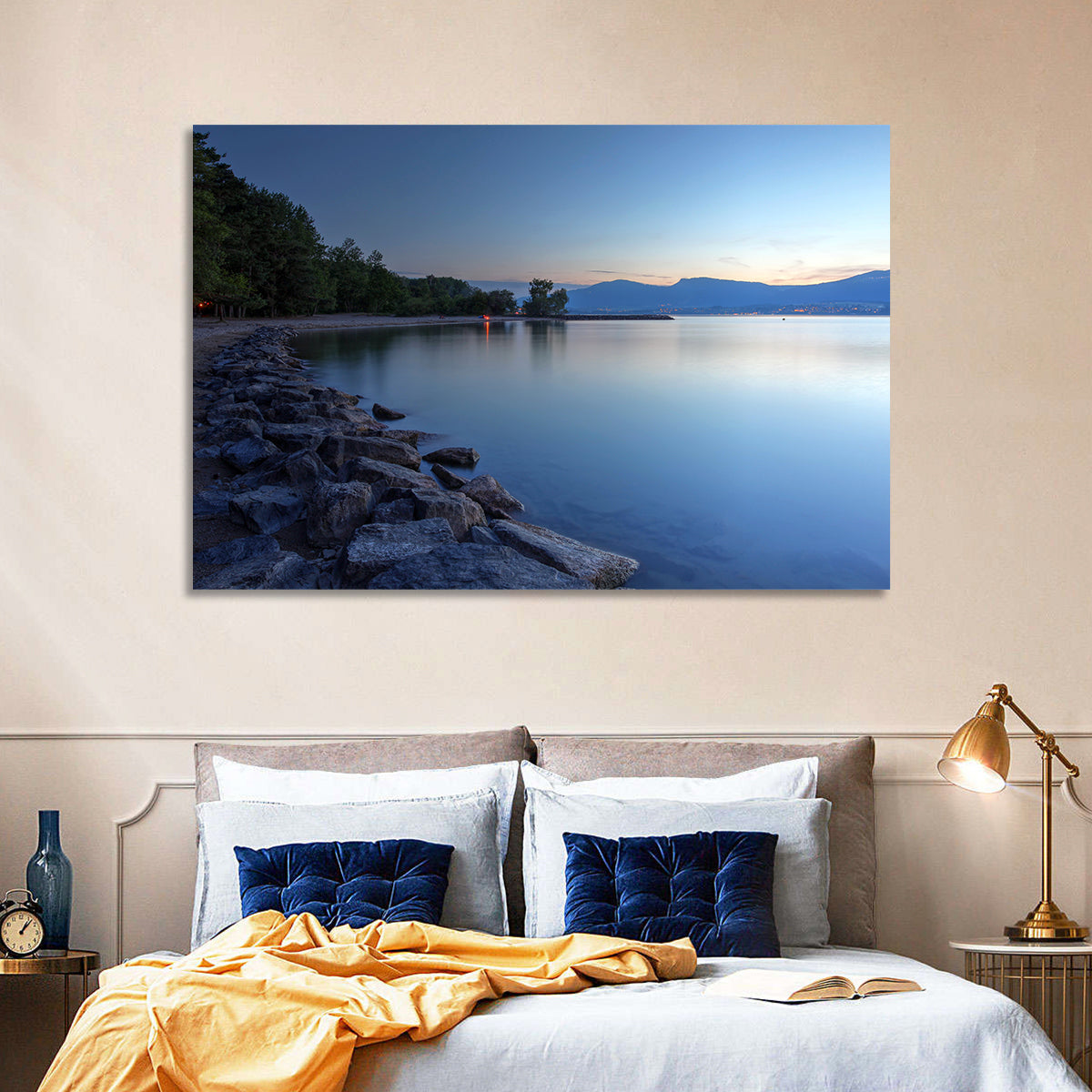 Lake Neuchatel Twilight Wall Art in a room, landscape