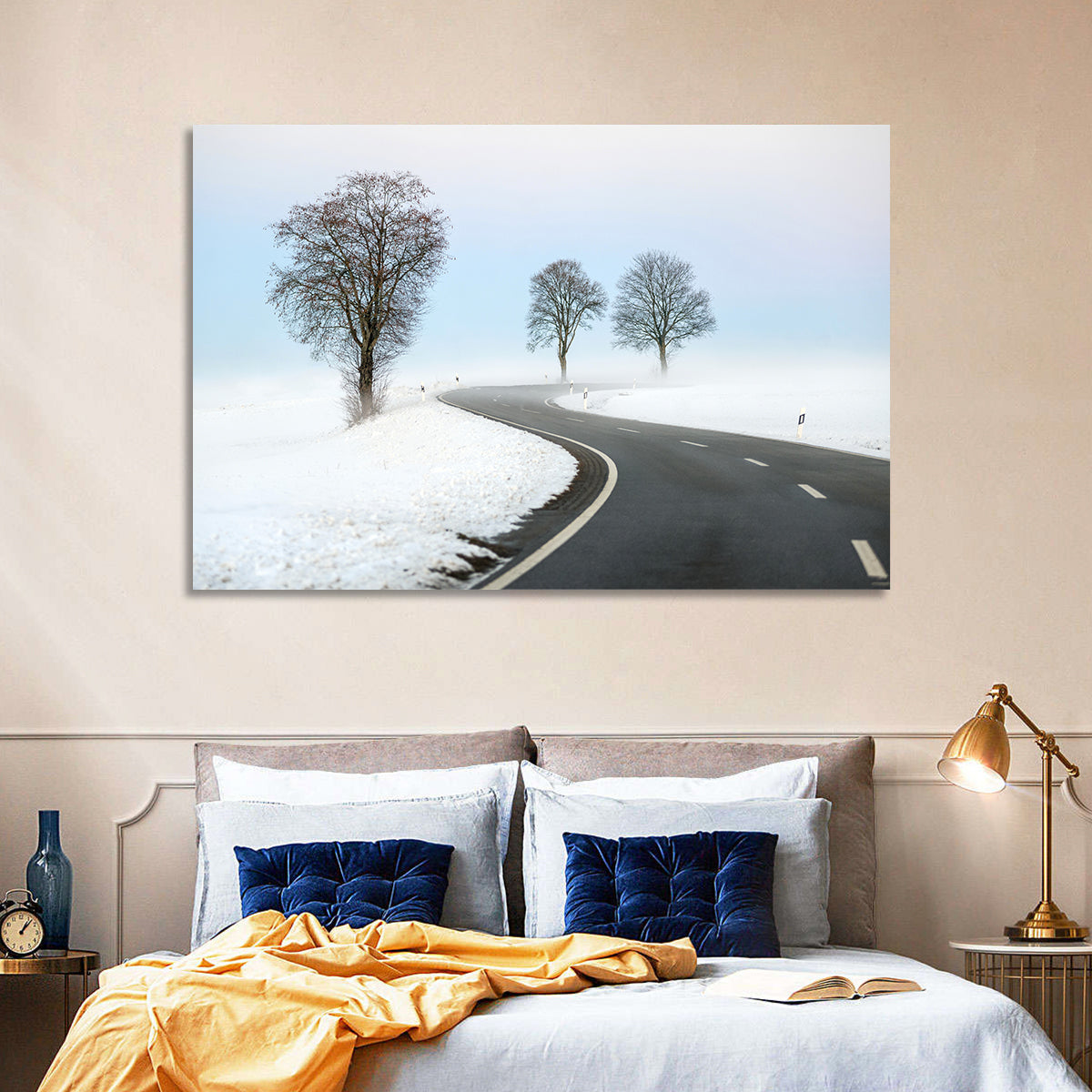 Foggy Winter Road Wall Art in a room, landscape