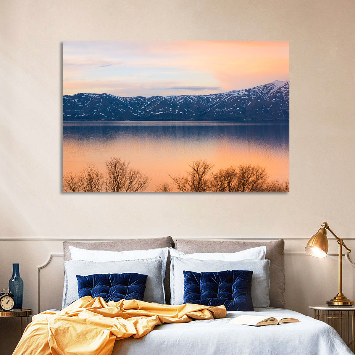 Lake Sevan Golden Dusk Wall Art in a room, landscape