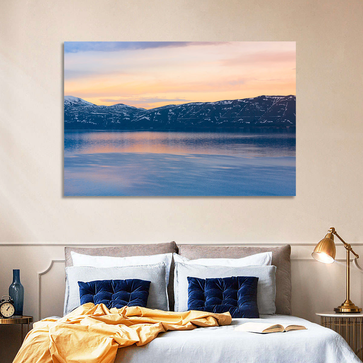Lake Sevan Evening Reflection Wall Art in a room, landscape
