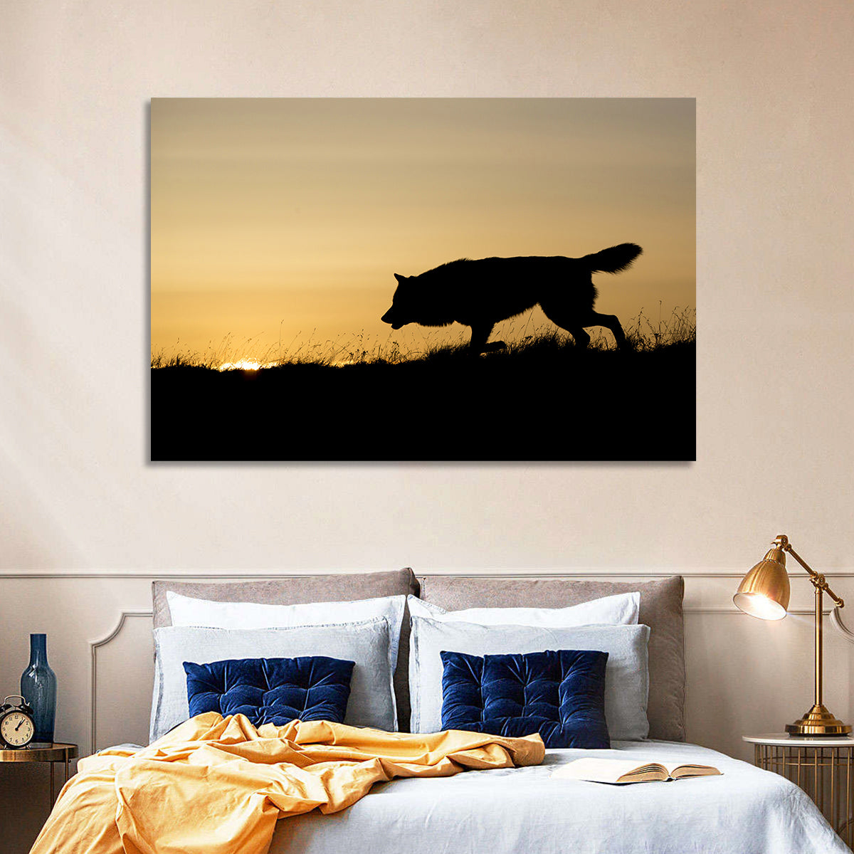Wolf at Golden Horizon Wall Art in a room, landscape