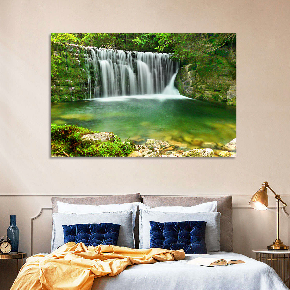 Emerald Lake Cascade Wall Art in a room, landscape