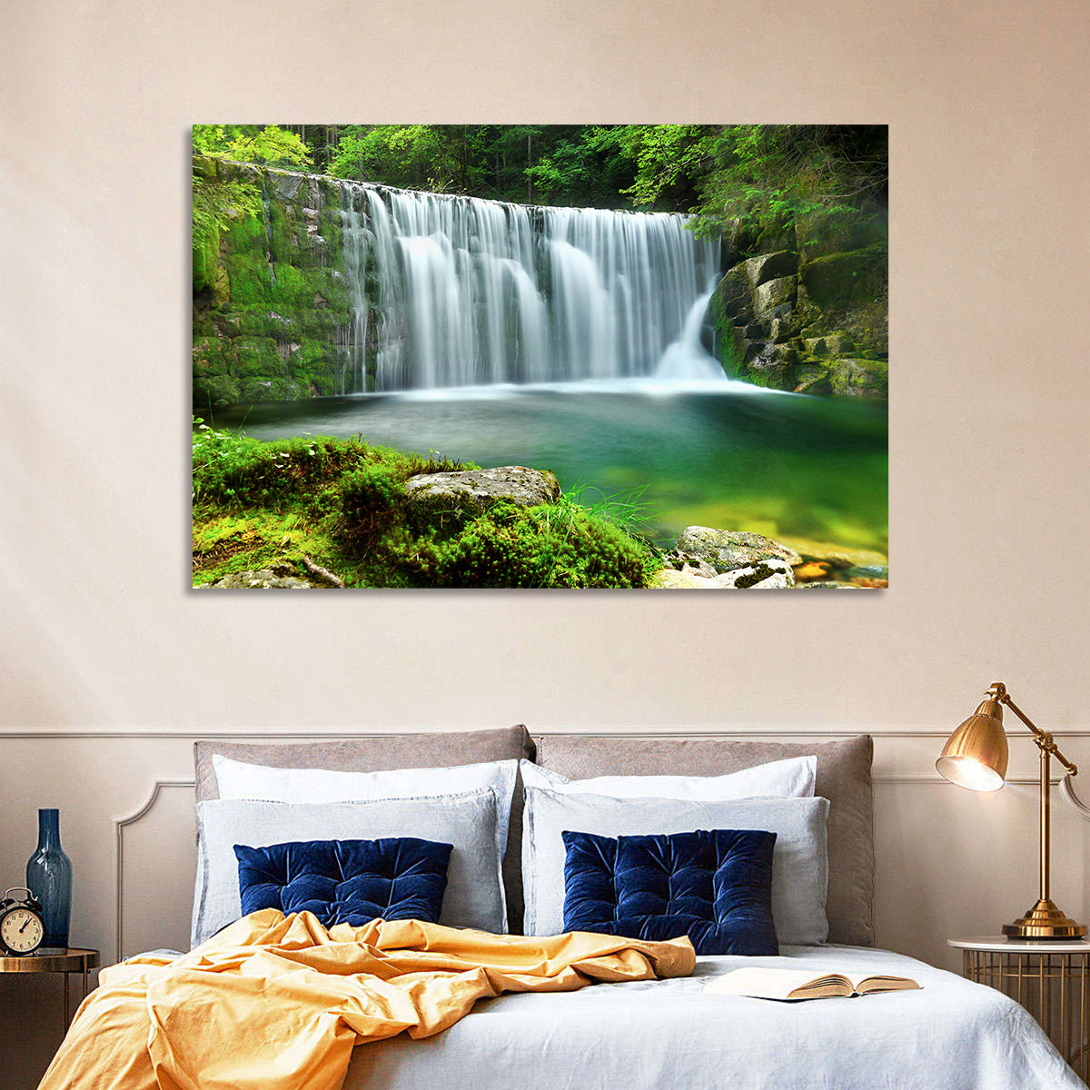 Emerald Forest Waterfall with Mossy Stones Wall Art