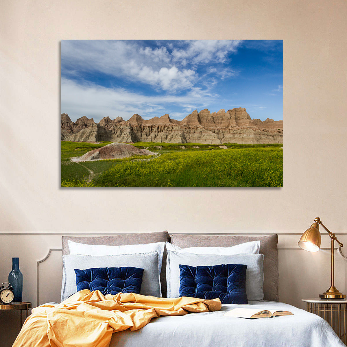Badlands Meadow and Rock Formations Wall Art in a room, landscape