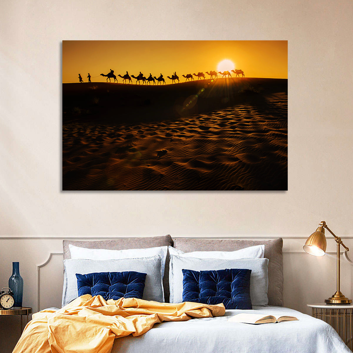 Camel Caravan Silhouette at Golden Sunset Wall Art