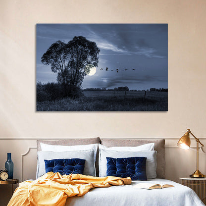 Moonlit Birds Over Quiet Field Wall Art