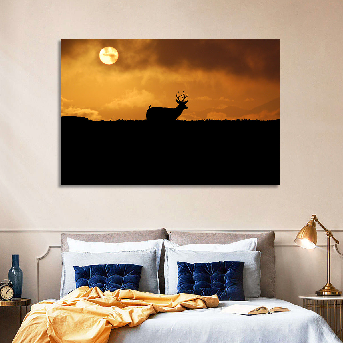 Deer at Sunset Wall Art in a room, landscape