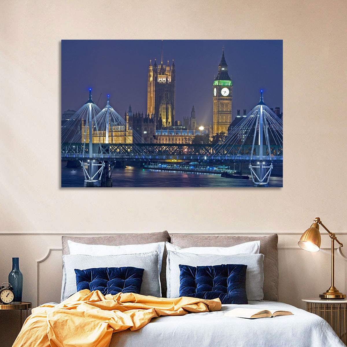 Big Ben Night Skyline Wall Art in a room, landscape