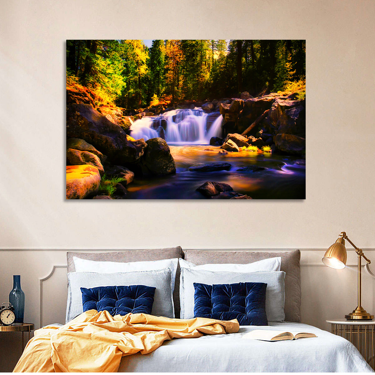 Autumn Mountain Waterfall Wall Art in a room, landscape