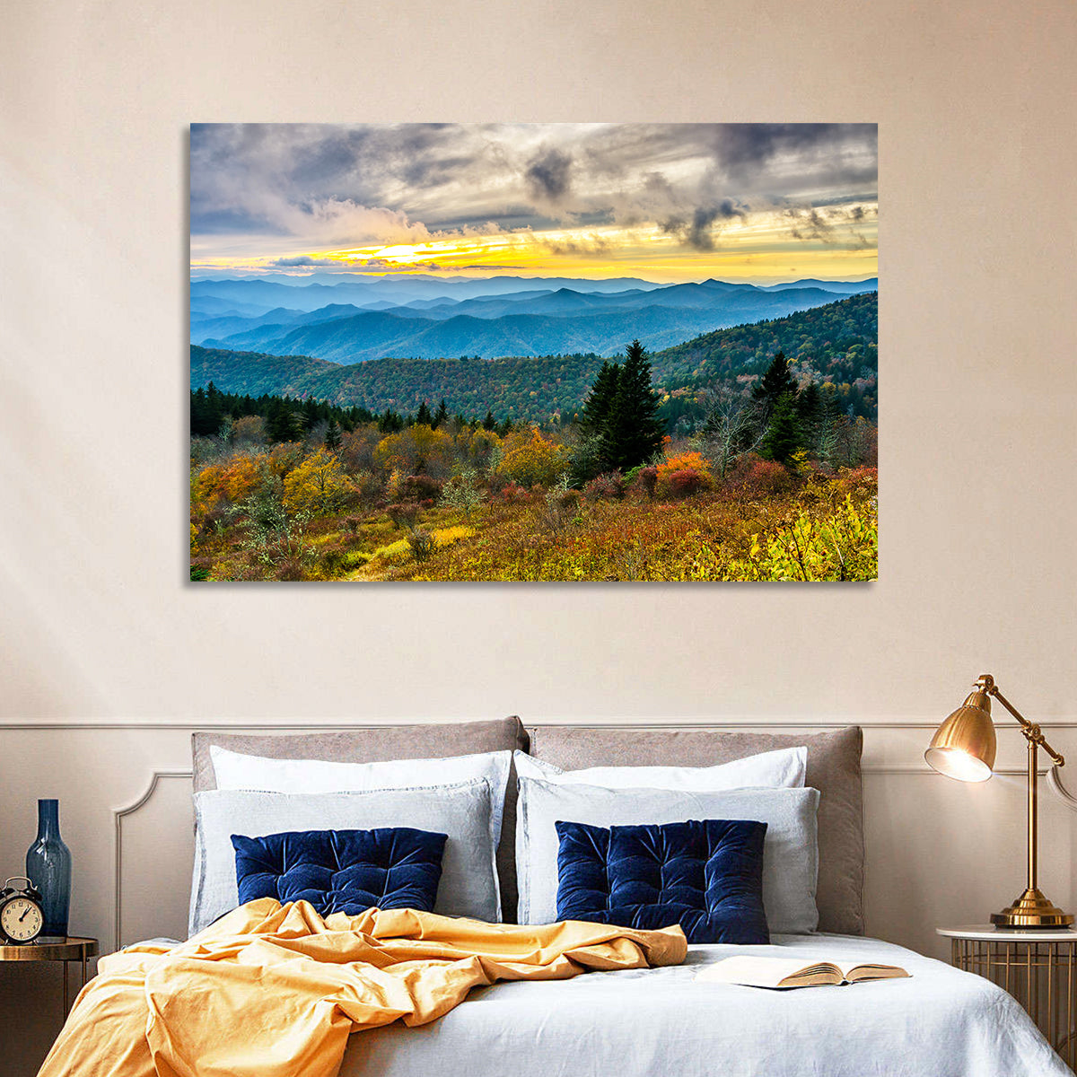 Cowee Mountains Sunset Wall Art in a room, landscape