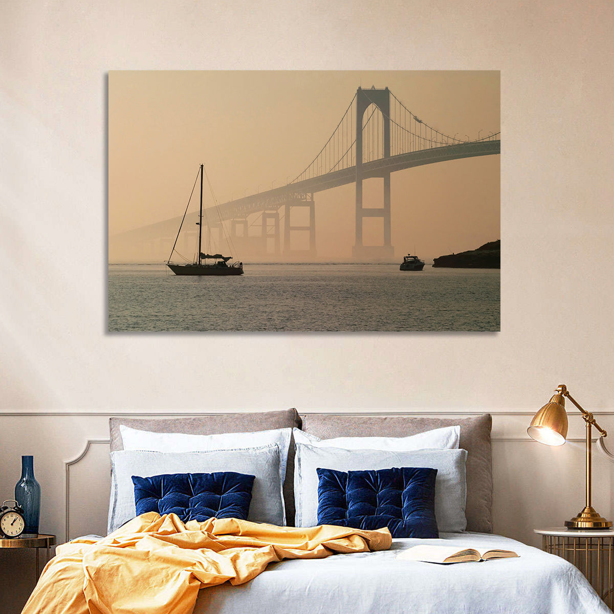 Newport Bridge in Golden Haze Wall Art in a room, landscape