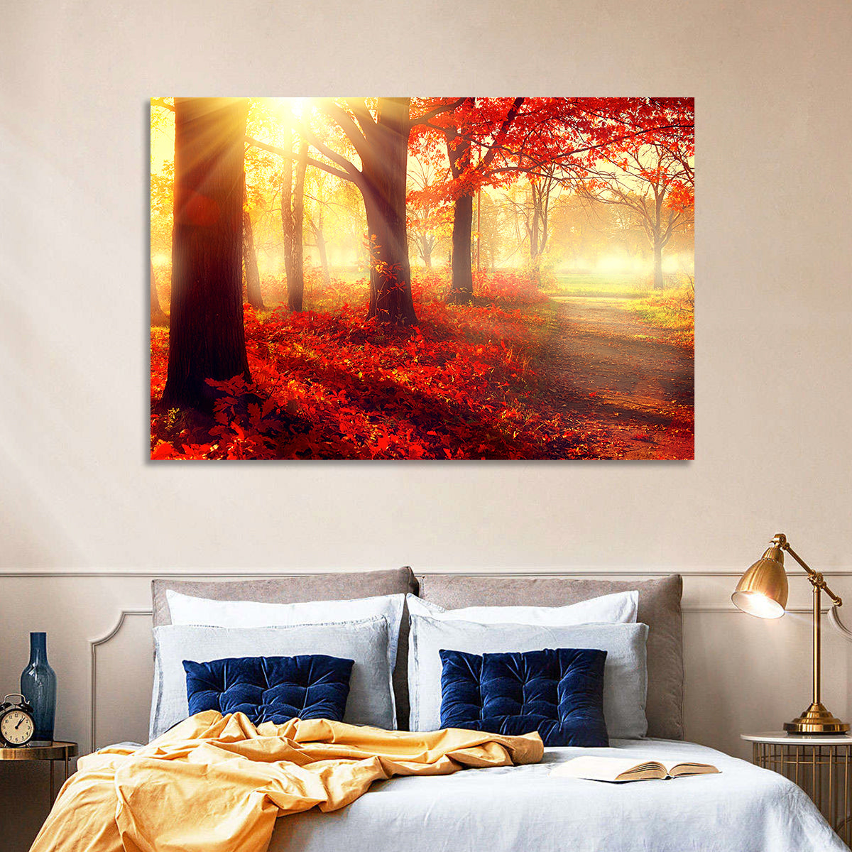 Sunlit Forest Path Wall Art in a room, landscape