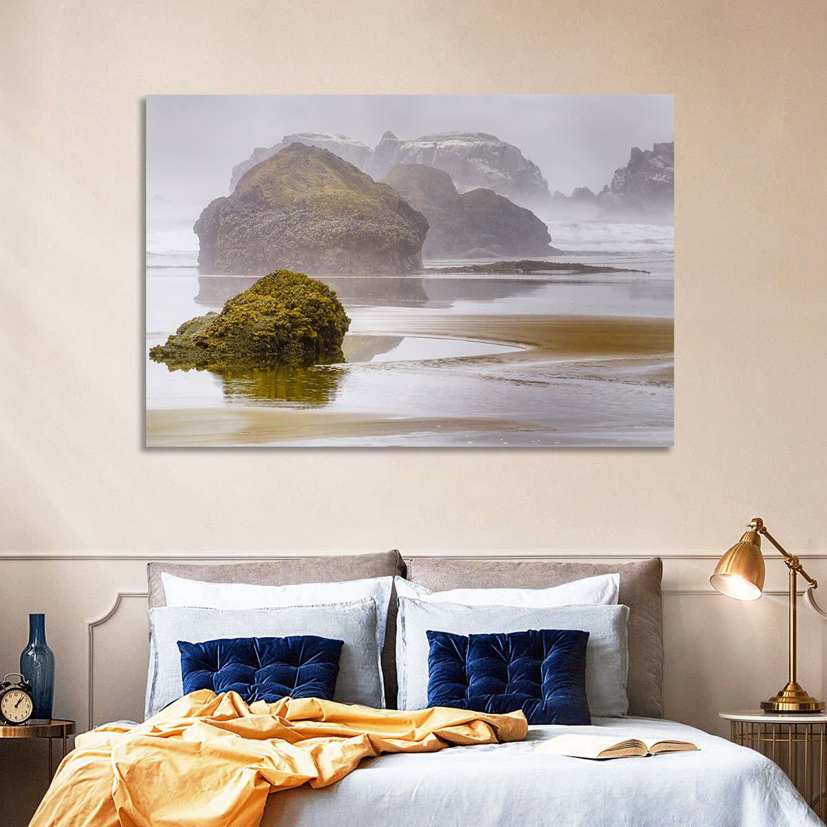 Misty Oregon Sea Stacks Wall Art in a room, landscape