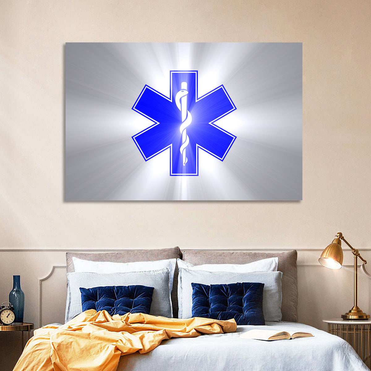 Star of Life with Rod of Asclepius Wall Art in a room, landscape
