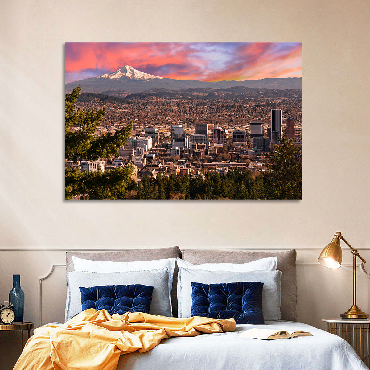 Portland Skyline at Sunset Wall Art in a room, landscape