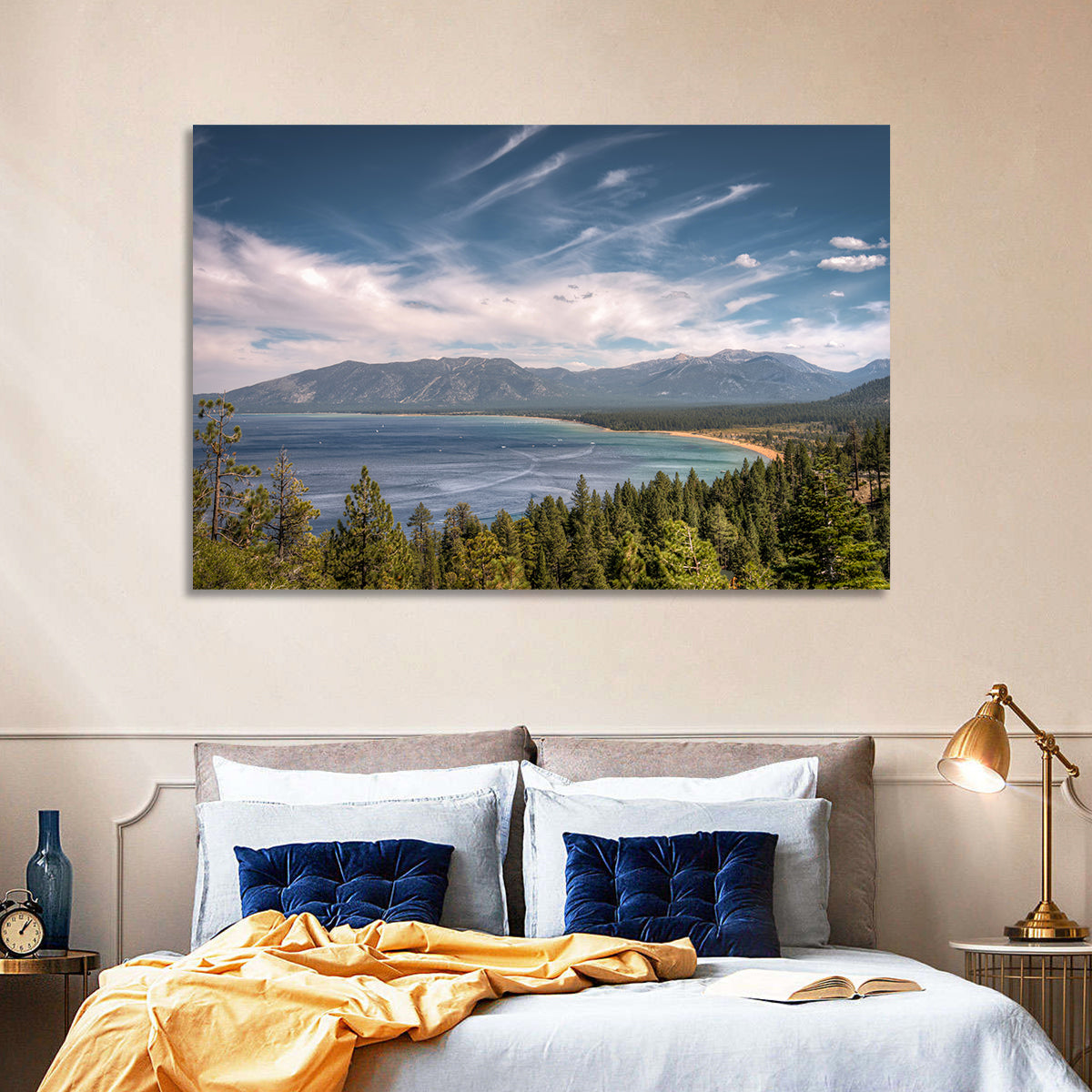 Pines Above a Blue Lake Wall Art in a room, landscape
