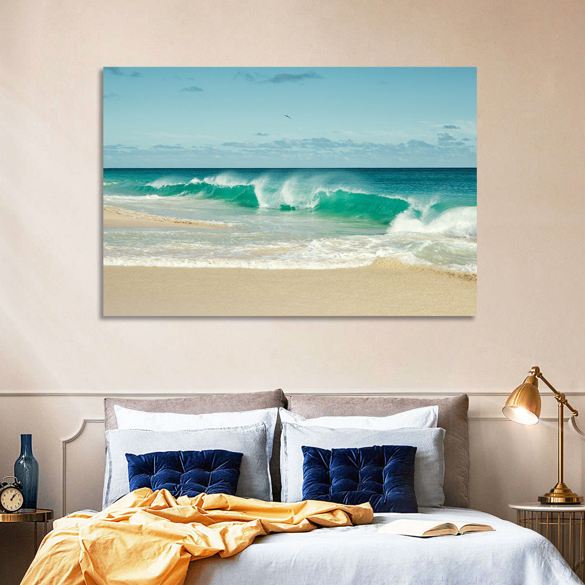 Turquoise Wave on Sandy Beach Wall Art in a room, landscape