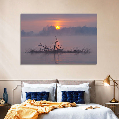 Misty Lake Sunrise with Fallen Tree Wall Art