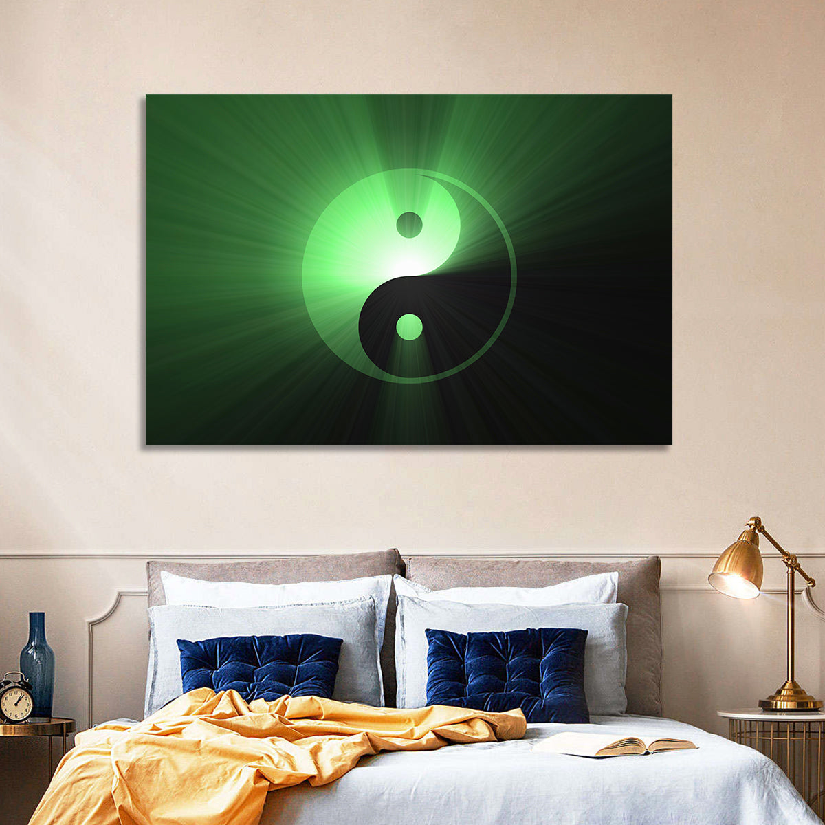 Green Glowing Yin Yang Wall Art in a room, landscape