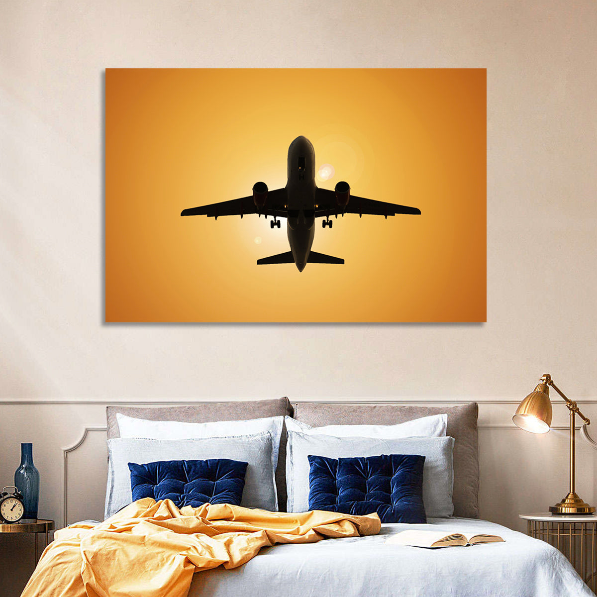 Sunset Jet Silhouette Wall Art in a room, landscape