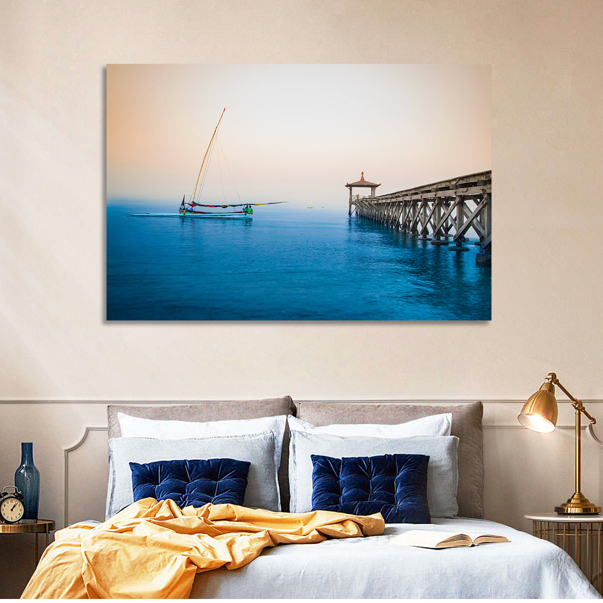 Outrigger Boat and Pier Wall Art in a room, landscape
