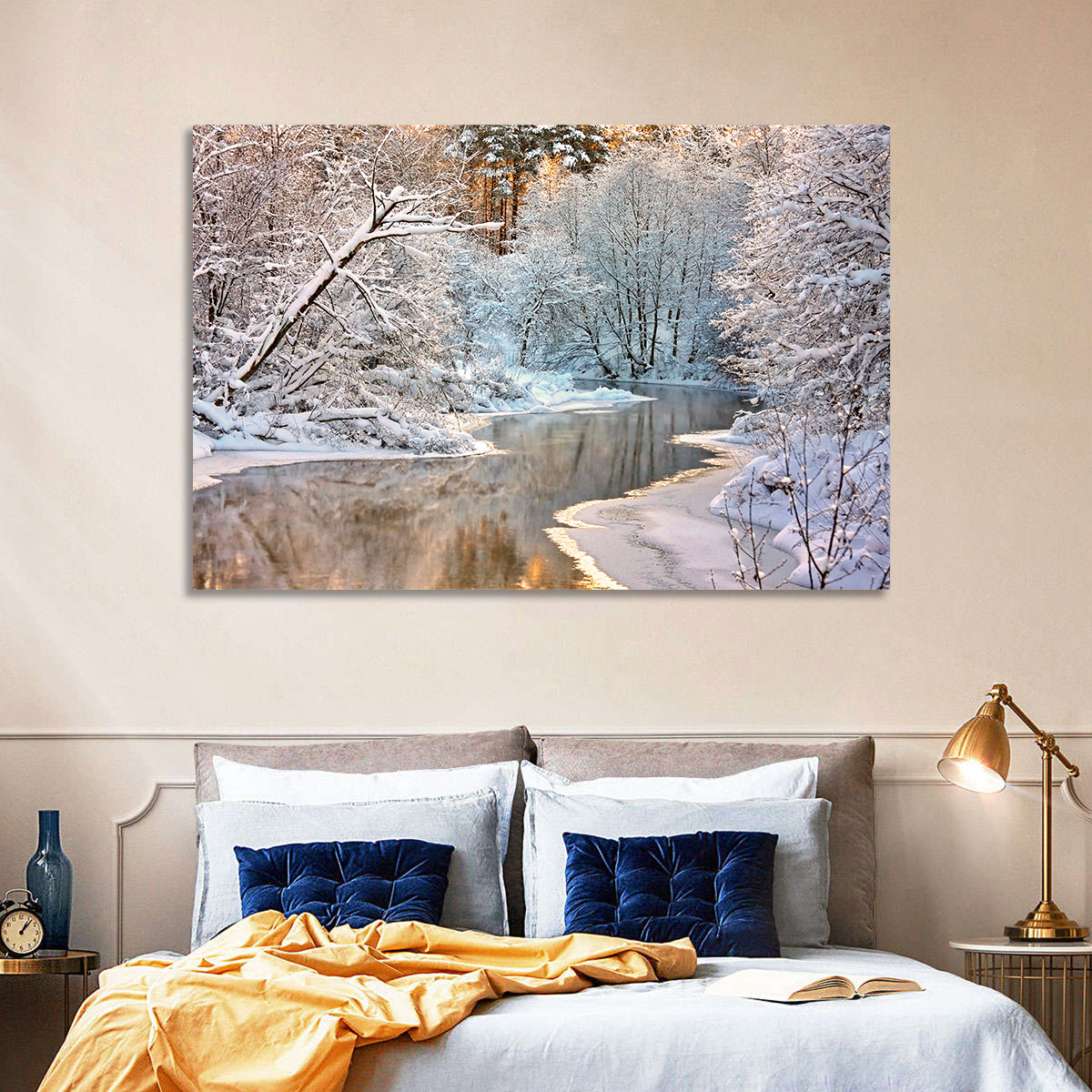 Snow-covered Stream at Golden Hour Wall Art in a room, landscape