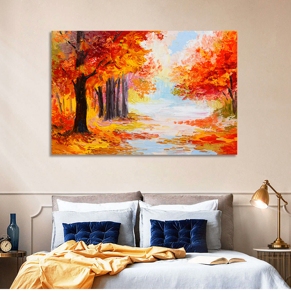 Autumn Forest Pathway Wall Art in a room, landscape