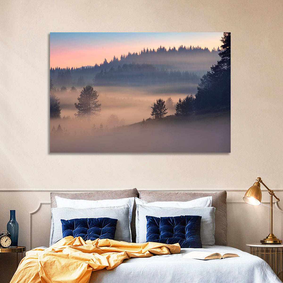 Misty Sunrise Forest Wall Art in a room, landscape