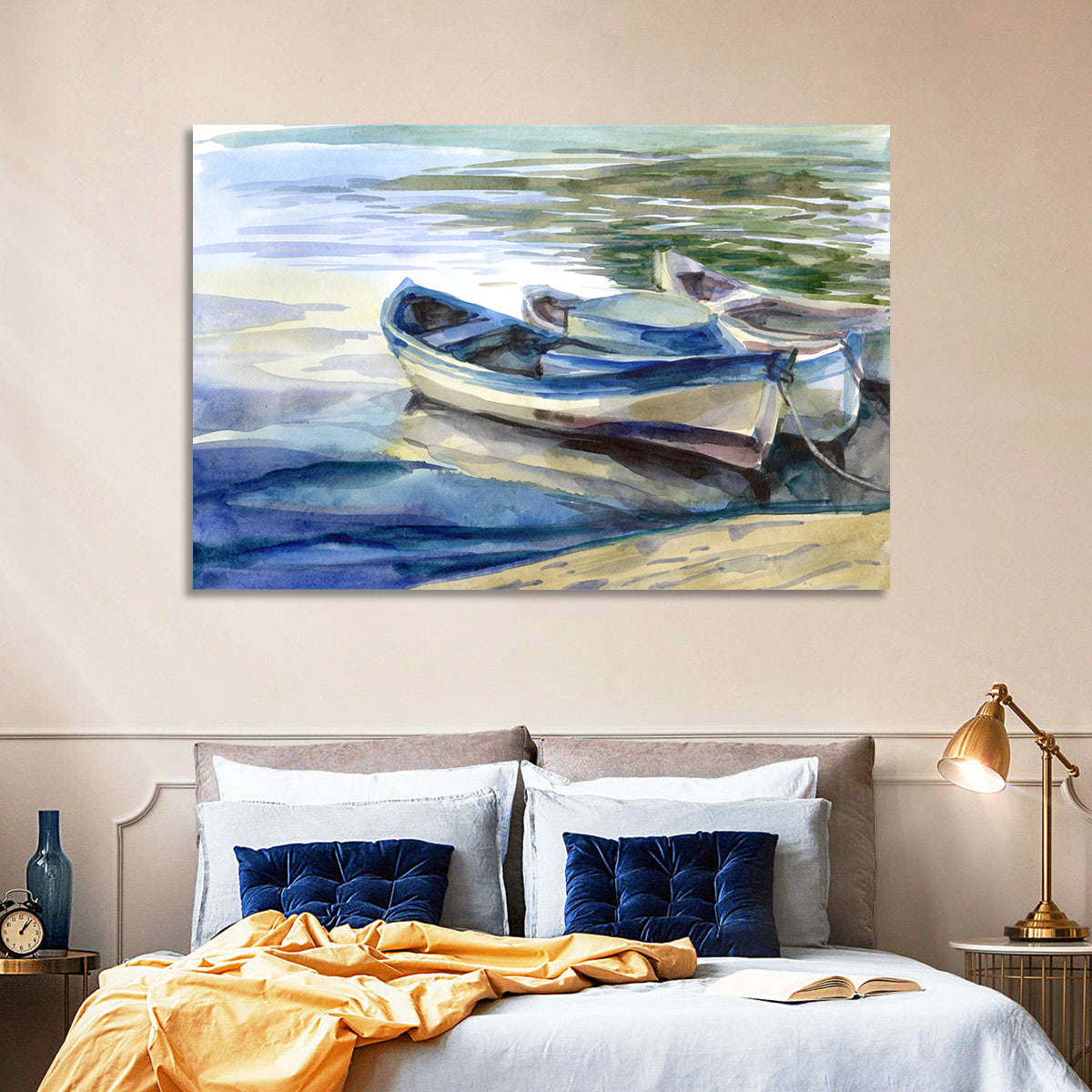 Watercolor Rowboats by the Shore Wall Art in a room, landscape