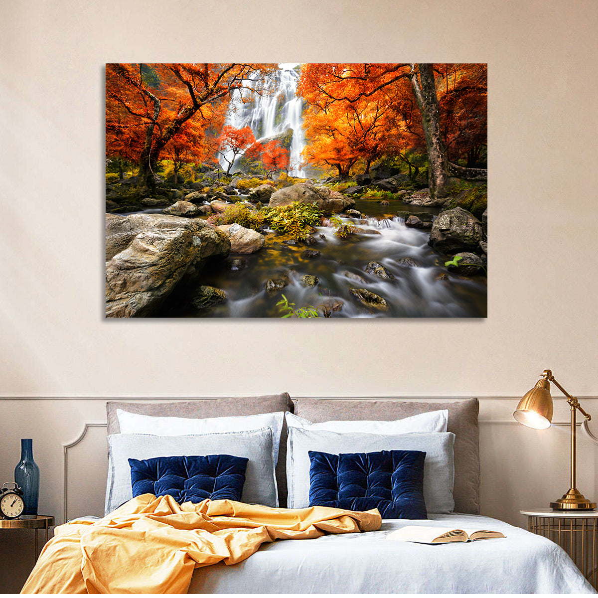 Autumn Forest Waterfall Wall Art in a room, landscape