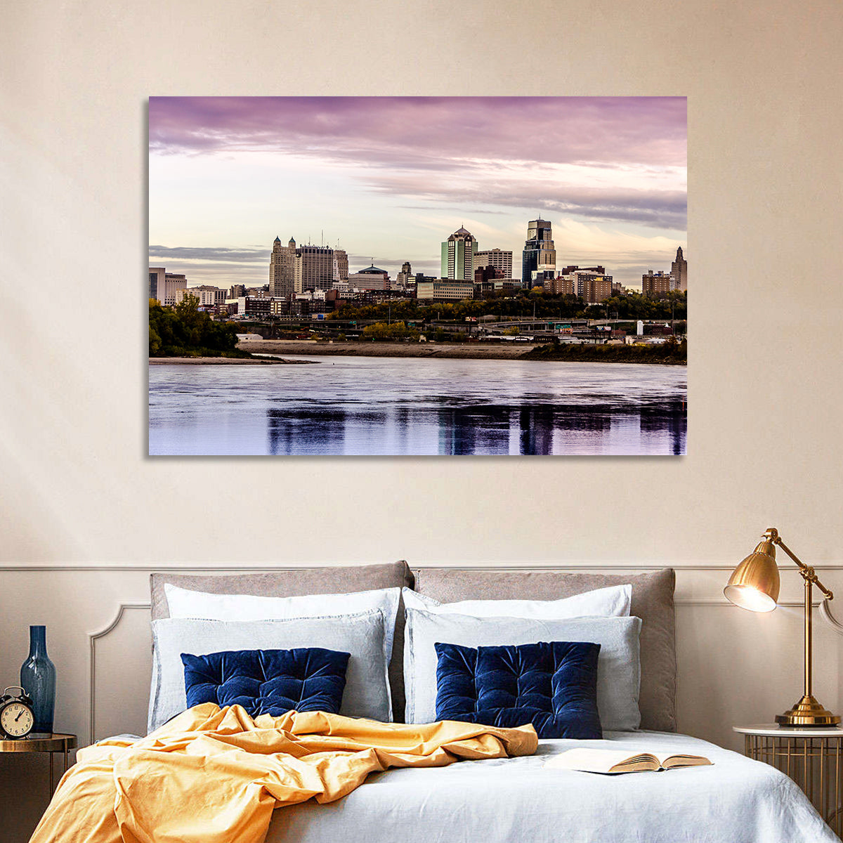 Kansas City Skyline at Dusk Wall Art in a room, landscape