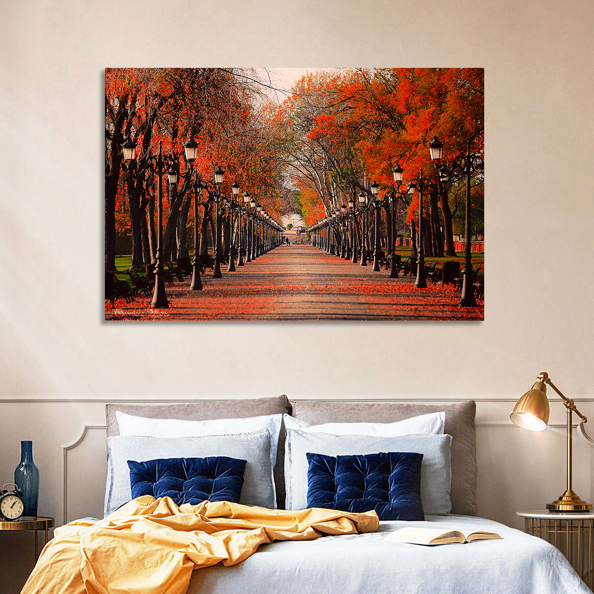 Autumn Park Path with Vintage Lampposts Wall Art in a room, landscape