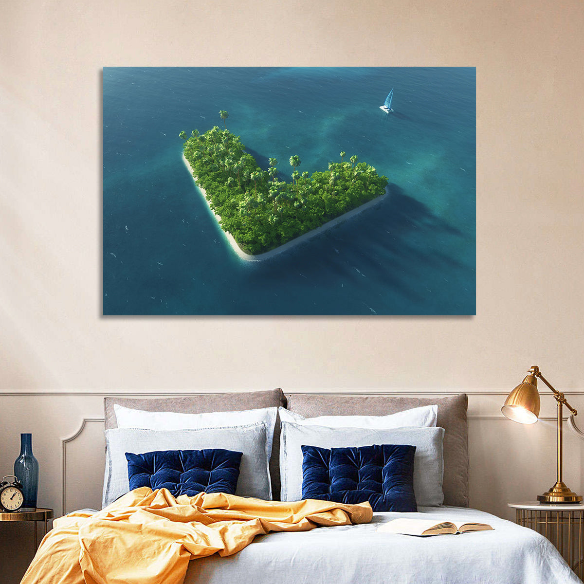 V-shaped Tropical Island with Distant Catamaran Wall Art
