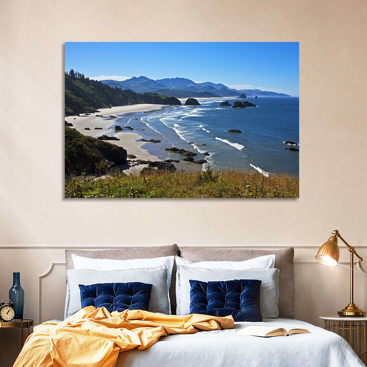 Cannon Beach Morning Shoreline Wall Art in a room, landscape